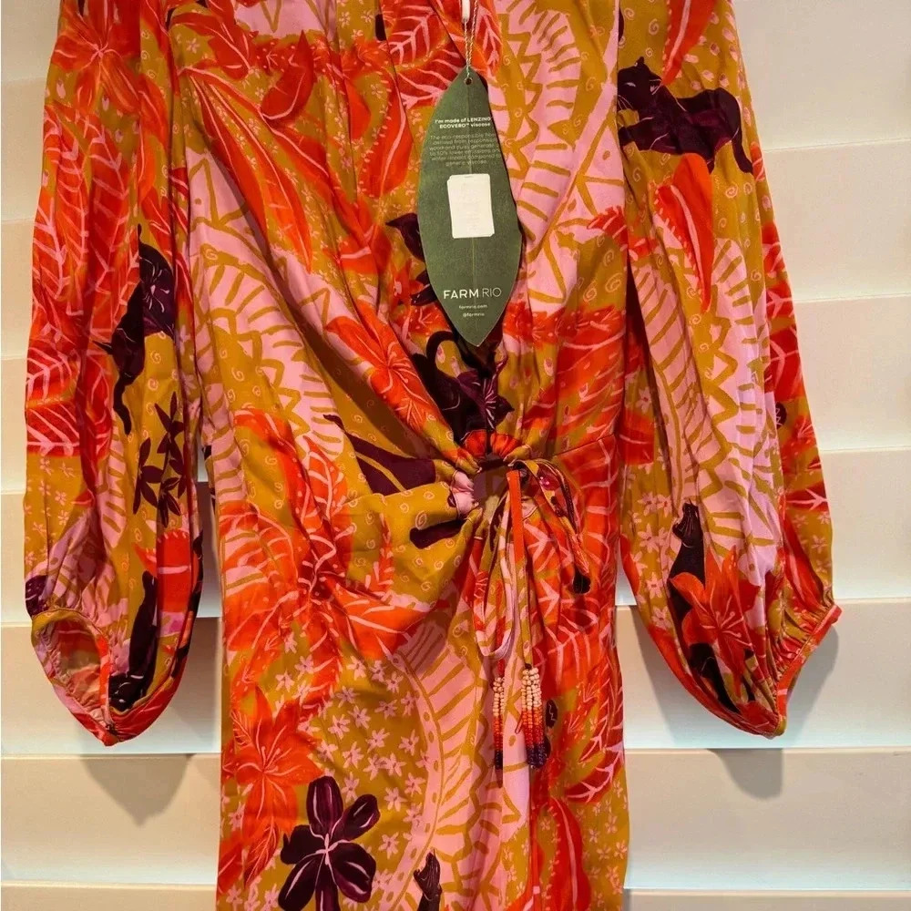 FARM RIO NWT Jungle Panther Print Cinch Keyhole Puff Sleeve Midi Dress S - Picture 9 of 15